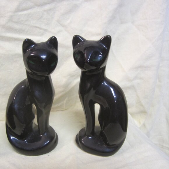 VTG CERAMIC BLACK CATS W/GREEN HANDPAINTED EYES, ELEGANT CATS price is each - Picture 2 of 9